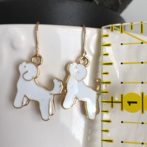 New Puppy Dog Dangling Enamel Charm Earrings White Small Lab Terrier Unique Gift - Picture 3 of 5